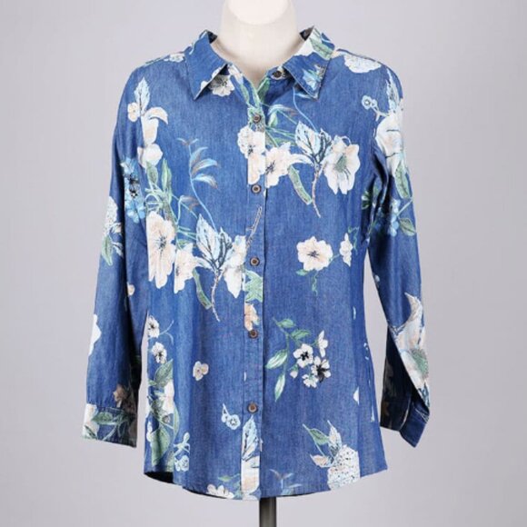 Floral Print Denim Button Down Top - Picture 1 of 11